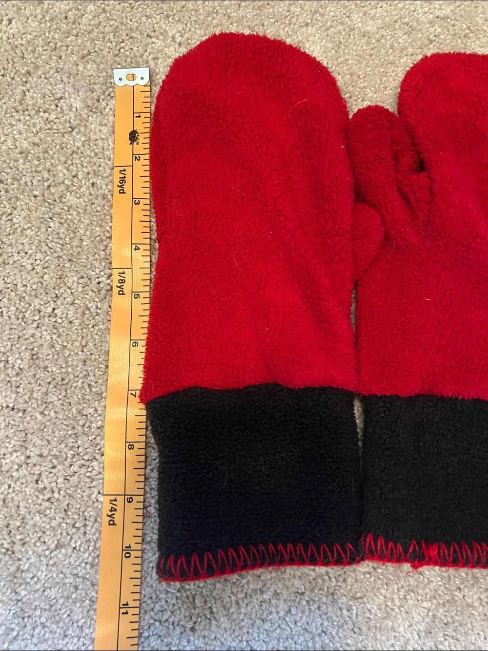 Red Fleece Mittens with Black Cuff and Heart Accent